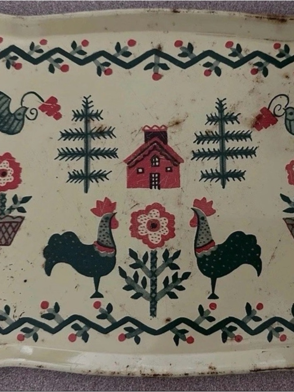 Rustic Folk Art Pennsylvania Dutch Rooster Wall Tray in Cream, Green & Red